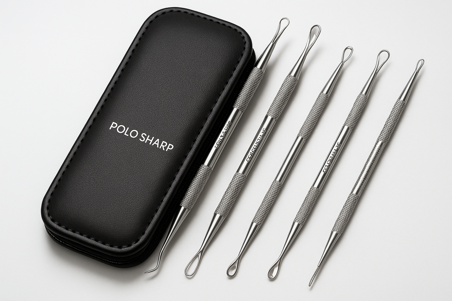 Blackhead & Acne Extractor Set – 5-Piece Stainless Steel Tool Kit POLO SHARP

This dermatologist-approved set includes all you need to extract blackheads, whiteheads, and acne safely — without damage to your skin.

Key Features:
- 5 dual-end tools for multiple skin concerns
- Medical-grade stainless steel – safe &amp; durable
- Non-slip grip for better control
- Comes in protective zip case
- Easy to sanitize after use