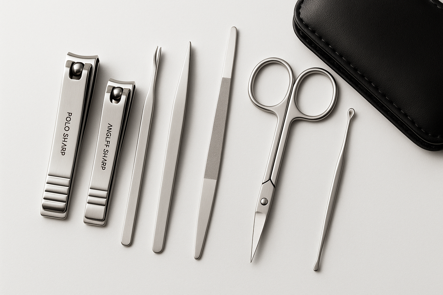 Perfectly packed for professionals or personal care, this 7-piece manicure set includes all the essentials to keep your nails clean, trimmed, and polished.

POLO SHARP (Kit Includes):
- Nail clipper (standard)
- Nail clipper (angled)
- Cuticle trimmer
- Tweezers
- Nail file
- Scissors
- Ear pick