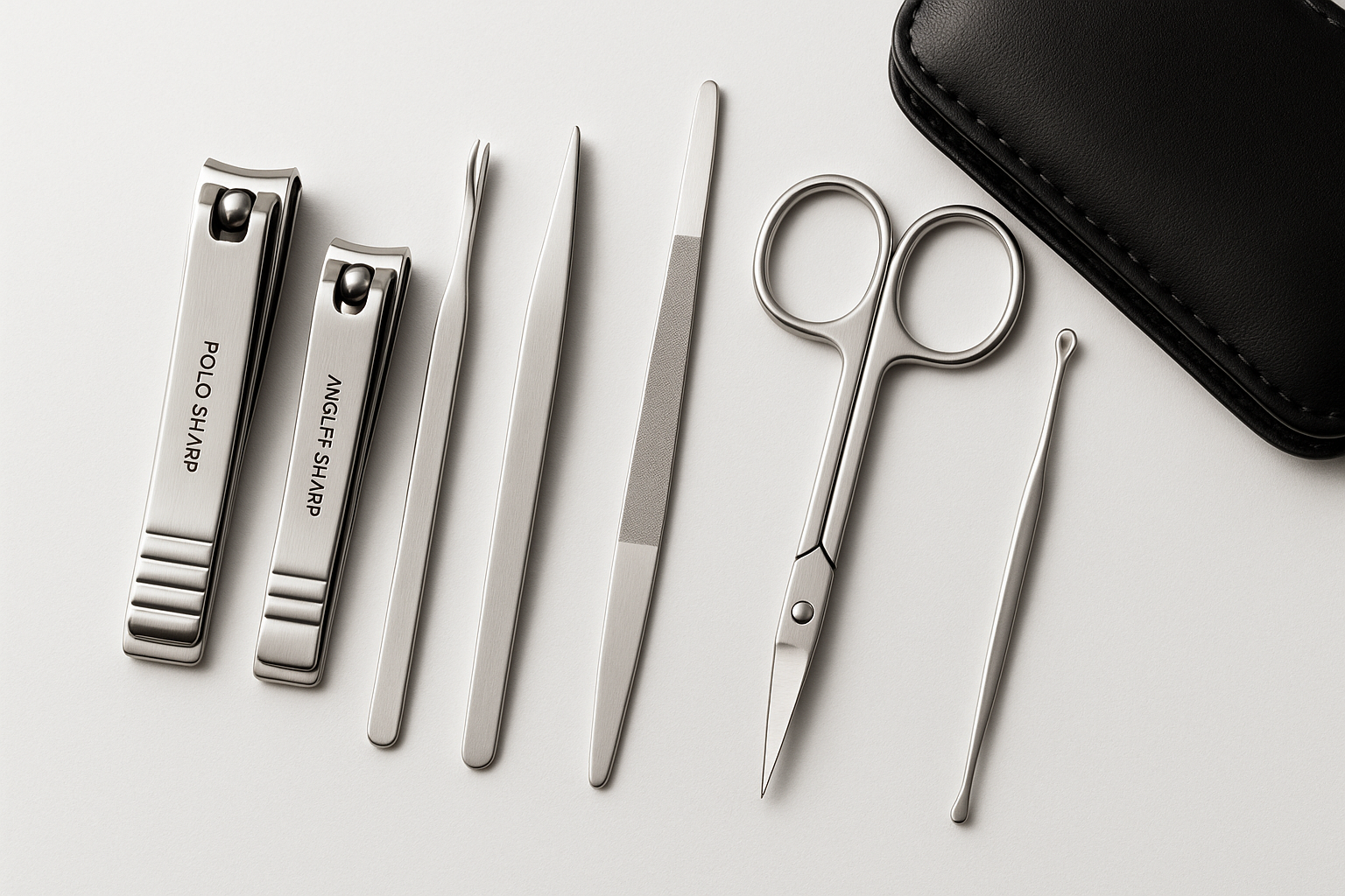Perfectly packed for professionals or personal care, this 7-piece manicure set includes all the essentials to keep your nails clean, trimmed, and polished.

POLO SHARP (Kit Includes):
- Nail clipper (standard)
- Nail clipper (angled)
- Cuticle trimmer
- Tweezers
- Nail file
- Scissors
- Ear pick