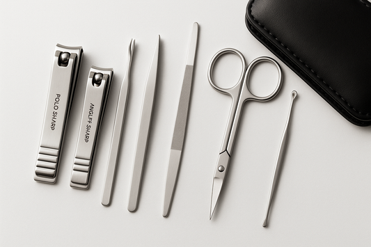 Perfectly packed for professionals or personal care, this 7-piece manicure set includes all the essentials to keep your nails clean, trimmed, and polished.

POLO SHARP (Kit Includes):
- Nail clipper (standard)
- Nail clipper (angled)
- Cuticle trimmer
- Tweezers
- Nail file
- Scissors
- Ear pick