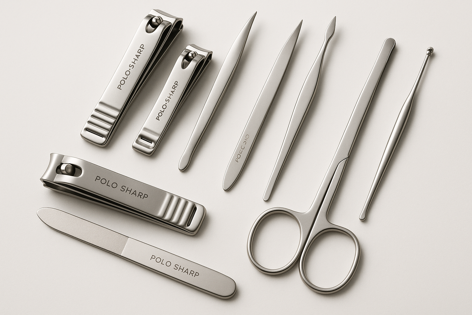  professionals or personal care, this 7-piece manicure set includes all the essentials to keep your nails clean, trimmed, and polished.

Kit Includes:
- Nail clipper (standard)
- Nail clipper (angled)
- Cuticle trimmer
- Tweezers
- Nail file
- Scissors
- Ear pick BRAND POLO SHARP