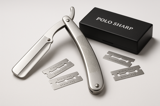 Razor. Designed for close shaves and easy handling.

Key Features:
- Foldable stainless steel handle with non-slip grip
- Fits standard single-edge blades
- Easy blade replacement mechanism
- Lightweight, ergonomic, and balanced
- Ideal for barbers or personal grooming use
- Comes in safety box with 10 blades included BRAND POLO SHARP